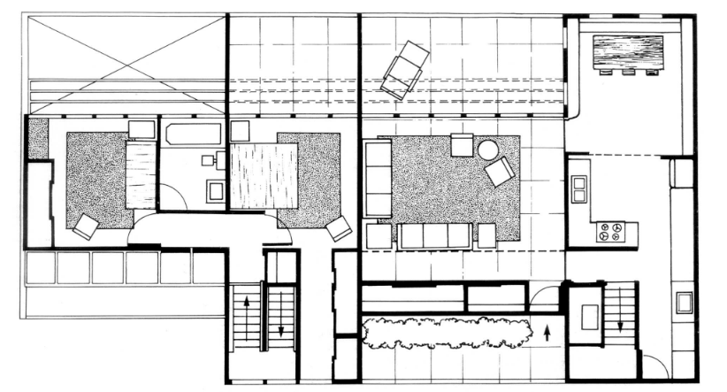 apartment floor plan with door line and seating