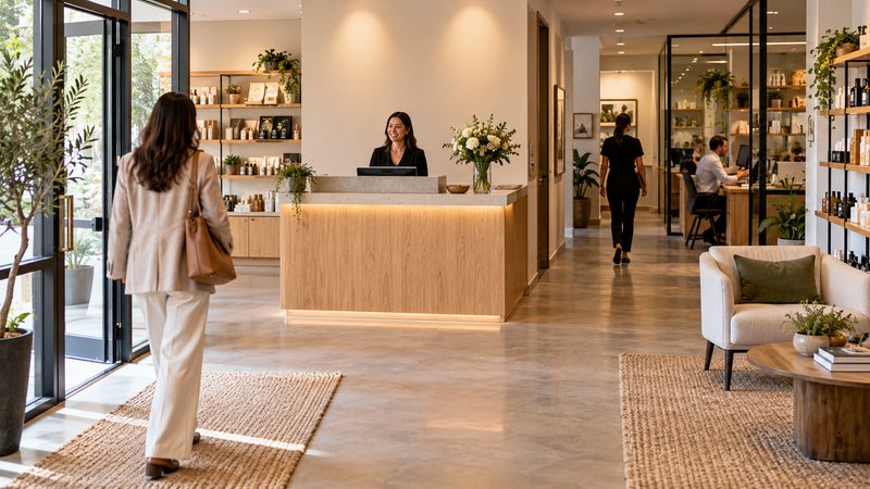Small professional business with a clear route from the entrance to reception and organized work areas
