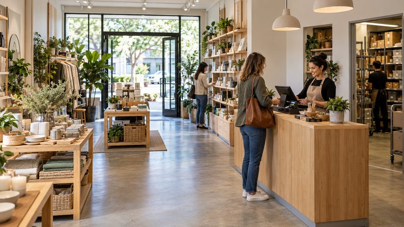 Retail shop with a broad customer aisle, organized product zones, clear checkout, and separate staff storage