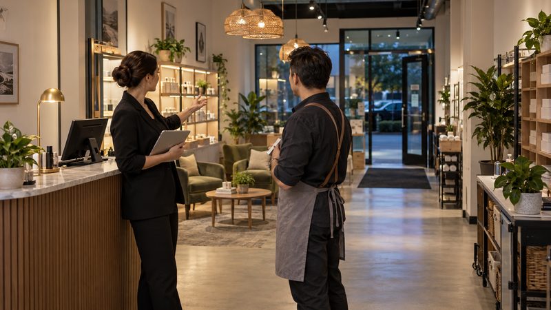 Business owner and employee reviewing reception, seating, lighting, storage, and the exit route