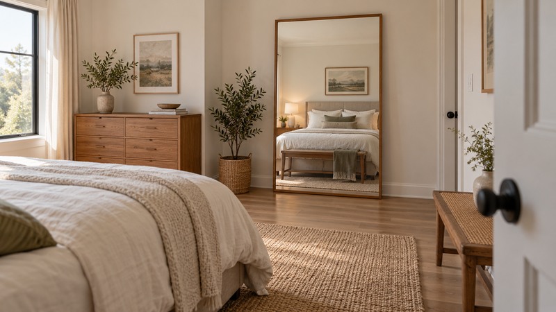 Full-length mirror directly reflecting a bed in a calm neutral bedroom