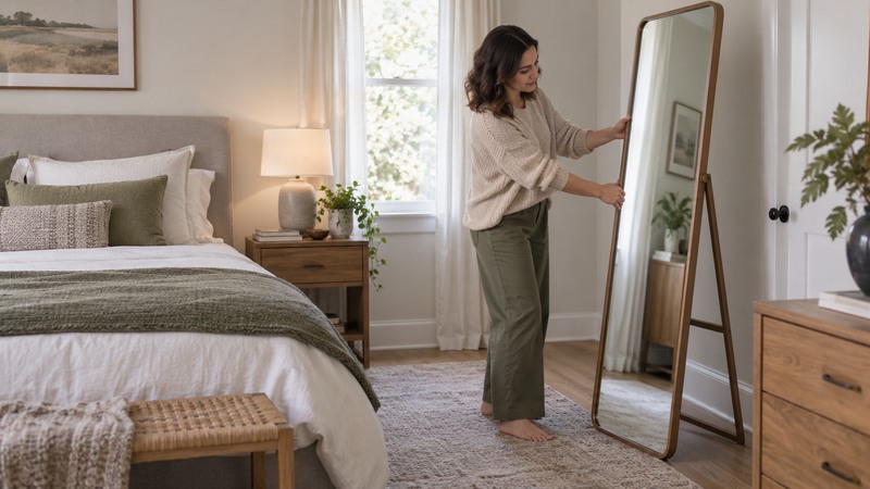 Homeowner angling a standing mirror away from the bed
