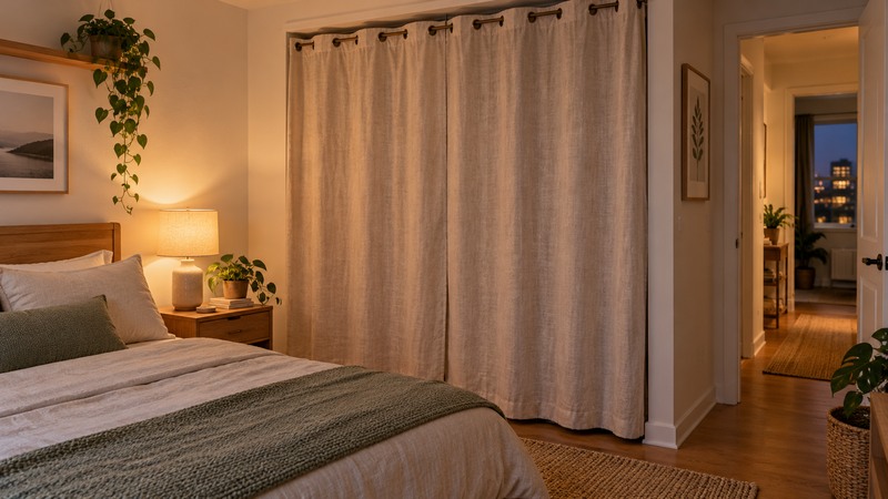 Linen curtain covering mirrored closet doors beside a bed