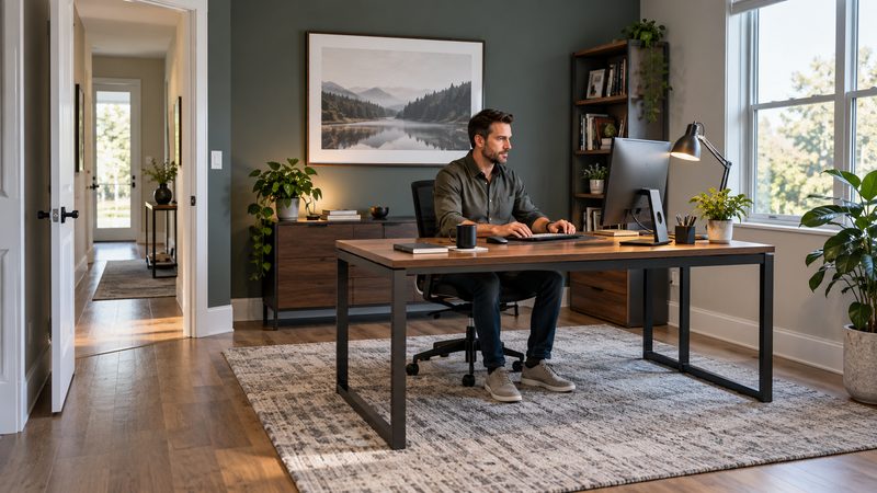 Professional home office with doorway visibility, side daylight, and a solid wall behind the desk chair