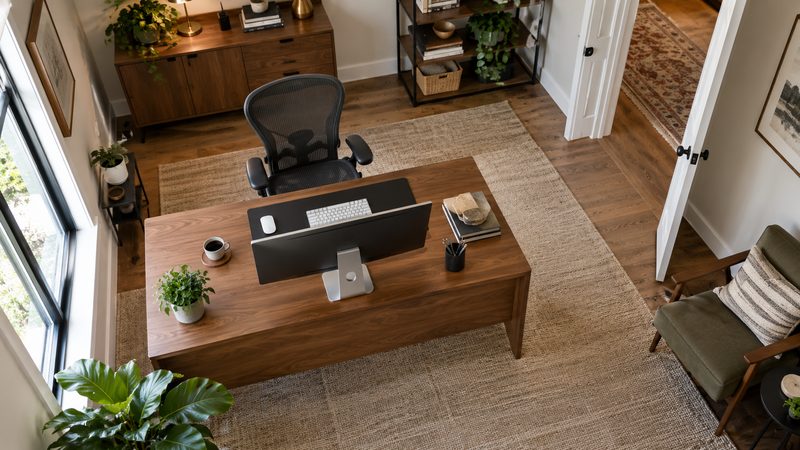 Top-down office layout showing a desk, doorway sightline, side window, storage, and clear walking space
