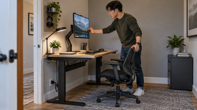 Worker adjusting monitor, chair, task light, and cable management at a compact office desk