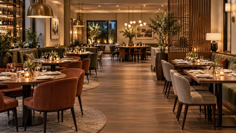 Restaurant dining room with comfortable table groups and an open central aisle