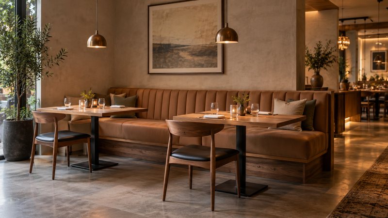 Supported restaurant banquette seating with well-spaced tables and calm sightlines