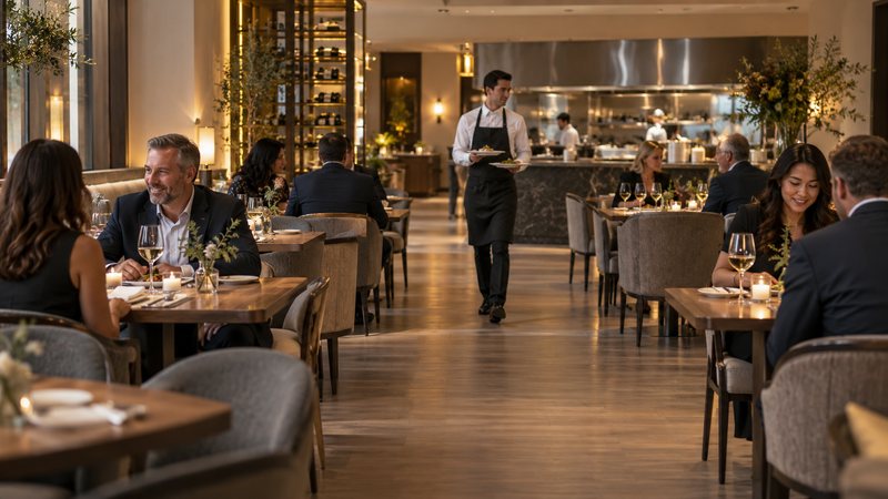 Server using a clear central aisle while guests sit comfortably at spaced tables