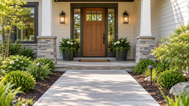 Welcoming front door with a clear walkway, balanced lighting, and an unobstructed threshold