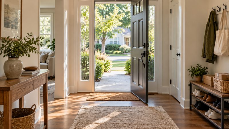 Bright organized foyer with a clear landing area and storage placed away from the door swing