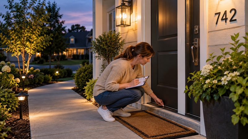 Homeowner checking front door lighting, hardware, threshold, and address visibility at dusk