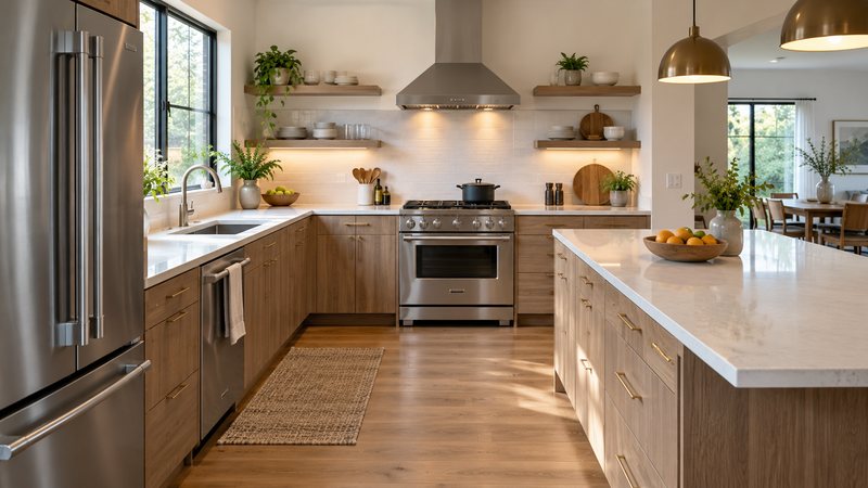 Modern kitchen with a clear work path between refrigerator, sink, and stove