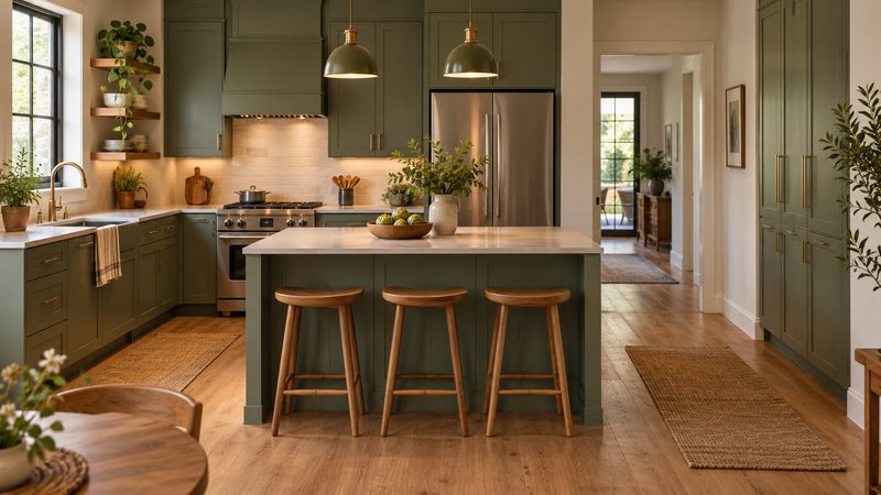 Compact organized kitchen with clear counters, closed storage, and an open doorway