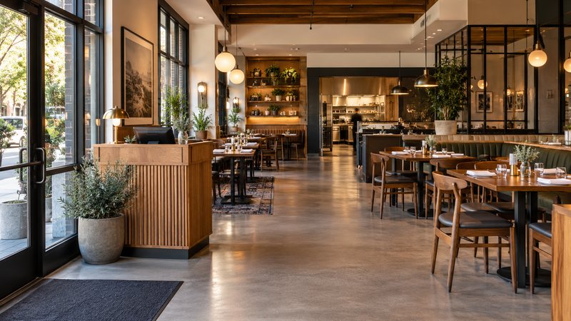 Restaurant entrance with a visible host stand, clear aisle, and organized dining layout