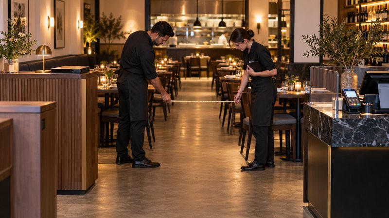 Restaurant staff checking aisle width between tables before opening