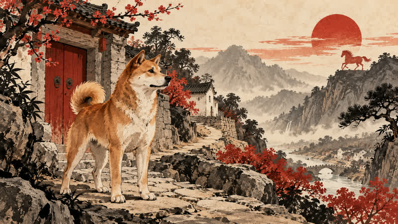 Traditional Chinese-inspired Dog zodiac illustration for a 2026 cultural reference
