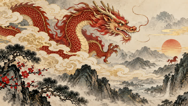 Traditional Chinese-inspired Dragon zodiac illustration for a 2026 cultural reference