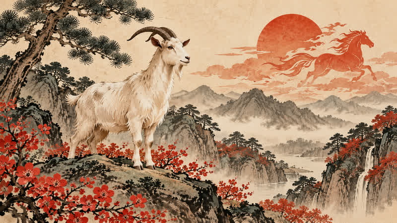 Traditional Chinese-inspired Goat zodiac illustration for a 2026 cultural reference