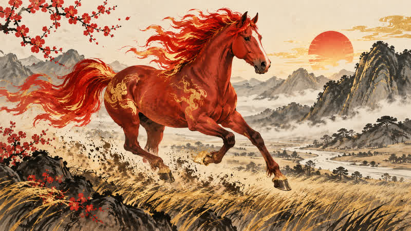 Traditional Chinese-inspired Horse zodiac illustration for a 2026 cultural reference