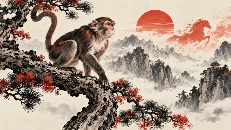 Traditional Chinese-inspired Monkey zodiac illustration for a 2026 cultural reference