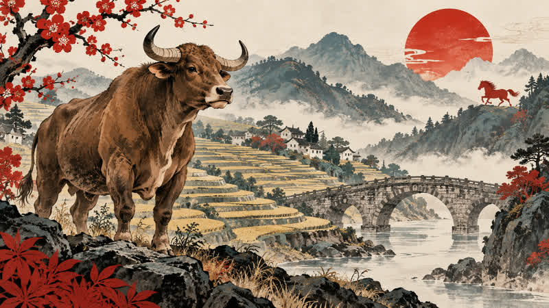 Traditional Chinese-inspired Ox zodiac illustration for a 2026 cultural reference