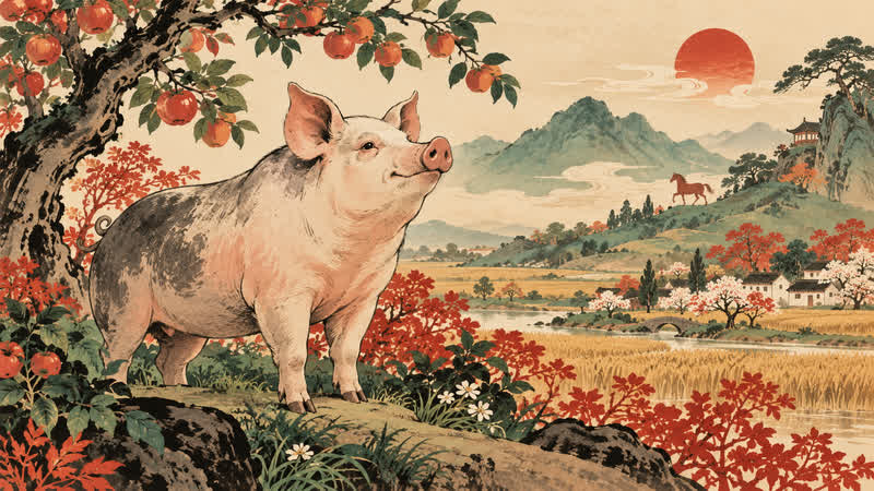Traditional Chinese-inspired Pig zodiac illustration for a 2026 cultural reference