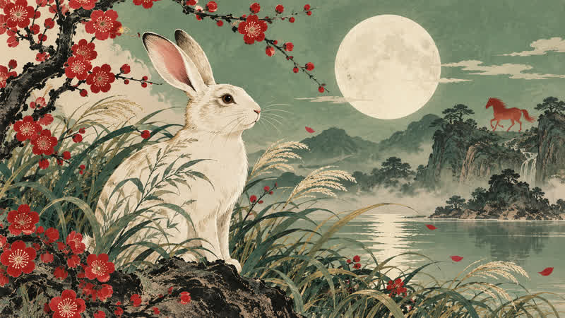 Traditional Chinese-inspired Rabbit zodiac illustration for a 2026 cultural reference