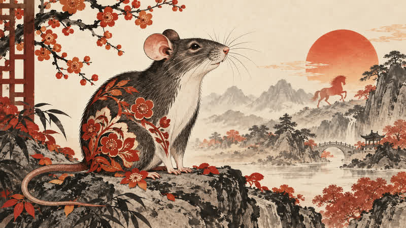 Traditional Chinese-inspired Rat zodiac illustration for a 2026 cultural reference