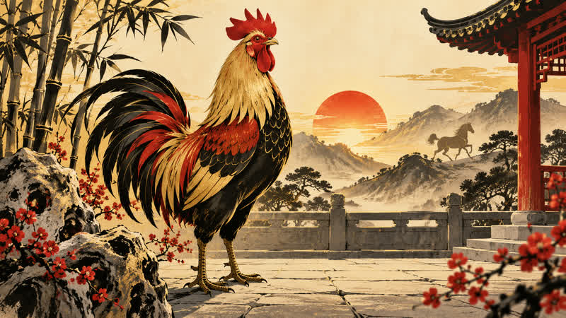 Traditional Chinese-inspired Rooster zodiac illustration for a 2026 cultural reference