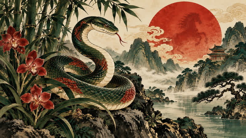 Traditional Chinese-inspired Snake zodiac illustration for a 2026 cultural reference