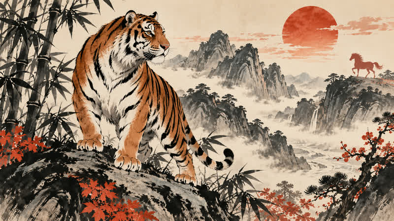 Traditional Chinese-inspired Tiger zodiac illustration for a 2026 cultural reference